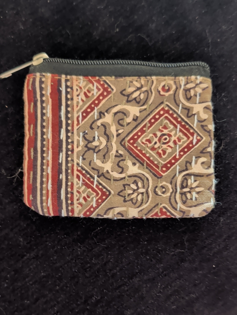 Handmade Boho Printed Zip Coin Pouch in Tan and Red 100% Cotton